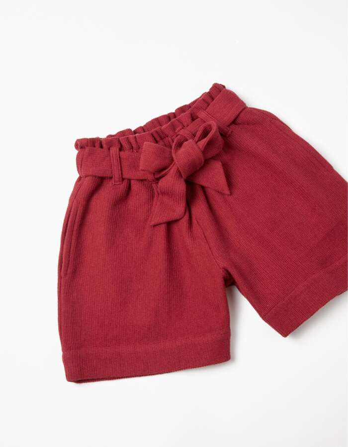 Cotton Paperbag Shorts with Bow for Girls, Dark Red – Image 3