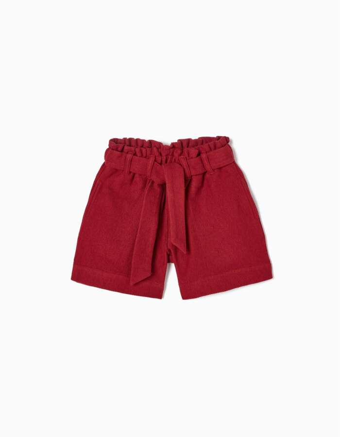 Cotton Paperbag Shorts with Bow for Girls, Dark Red – Image 2
