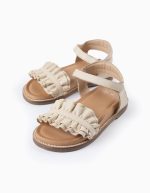 Sandales en cuir à volants fille, beige