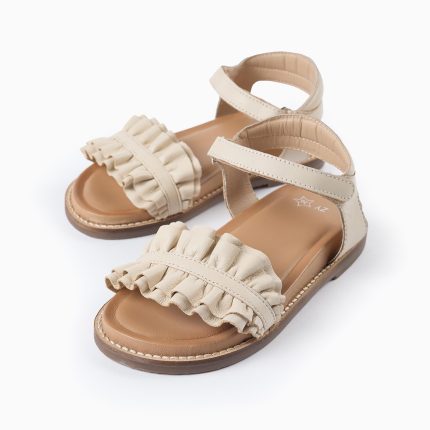 Sandales en cuir à volants fille, beige
