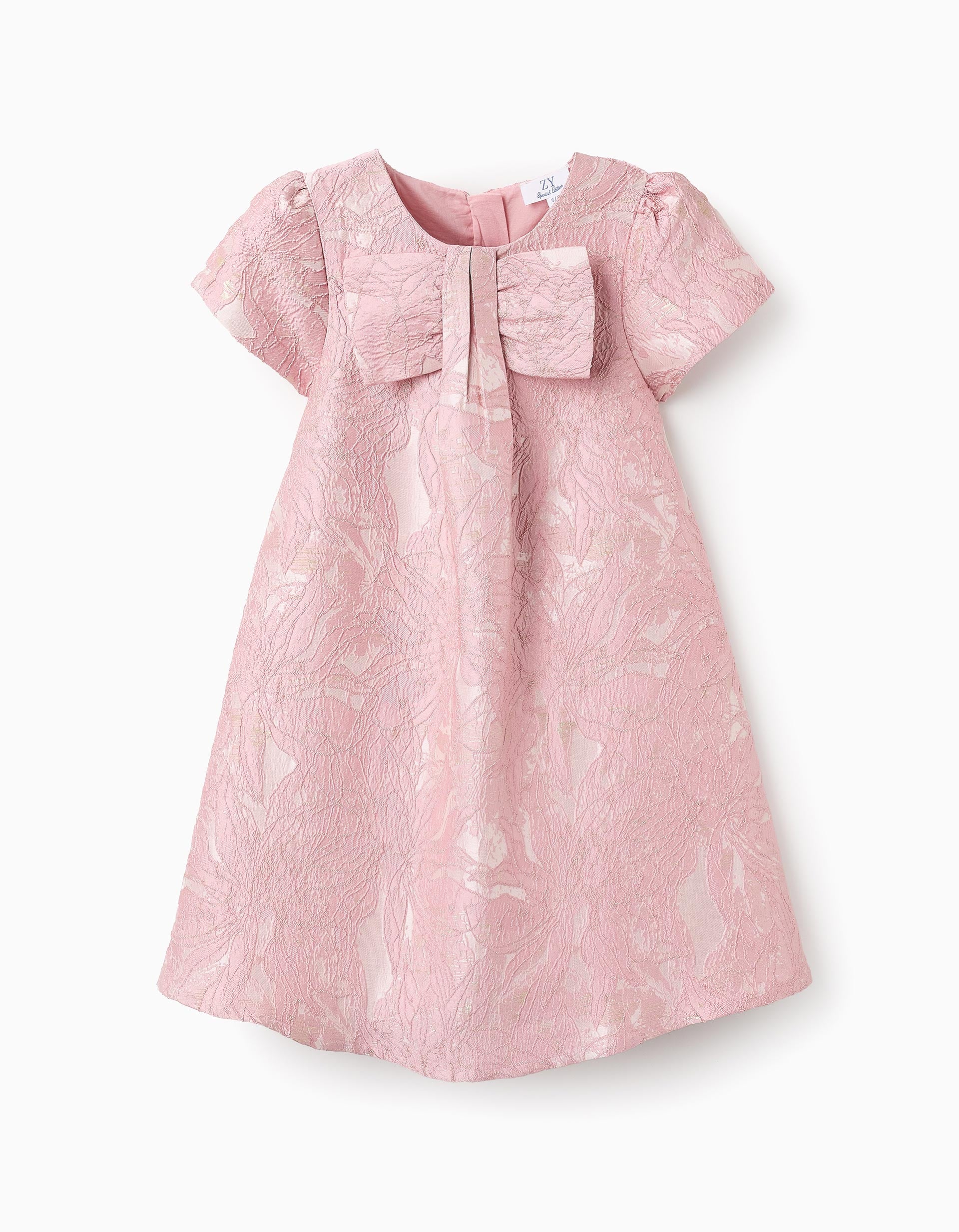 250120256795498fc6ca0.jpeg Robe fleurie avec nœud et texture pour fille, rose/doré – Image 1