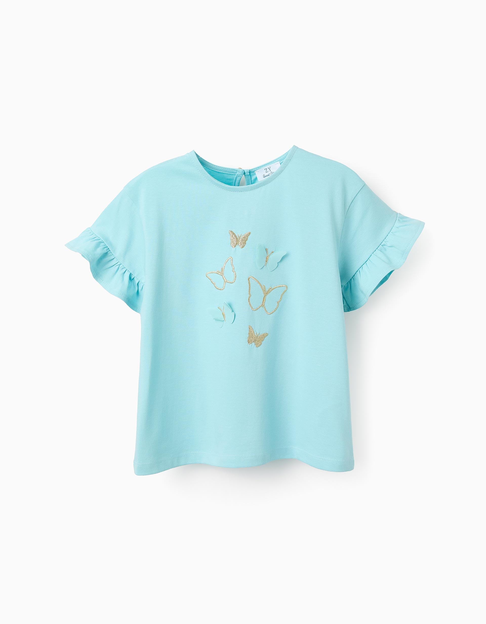 25012025679549a059d0e.jpeg T-shirt en coton avec papillons 3D fille, bleu – Image 1