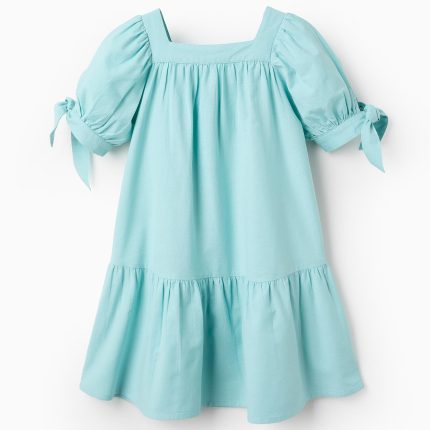 Robe fille en coton et lin, bleu clair