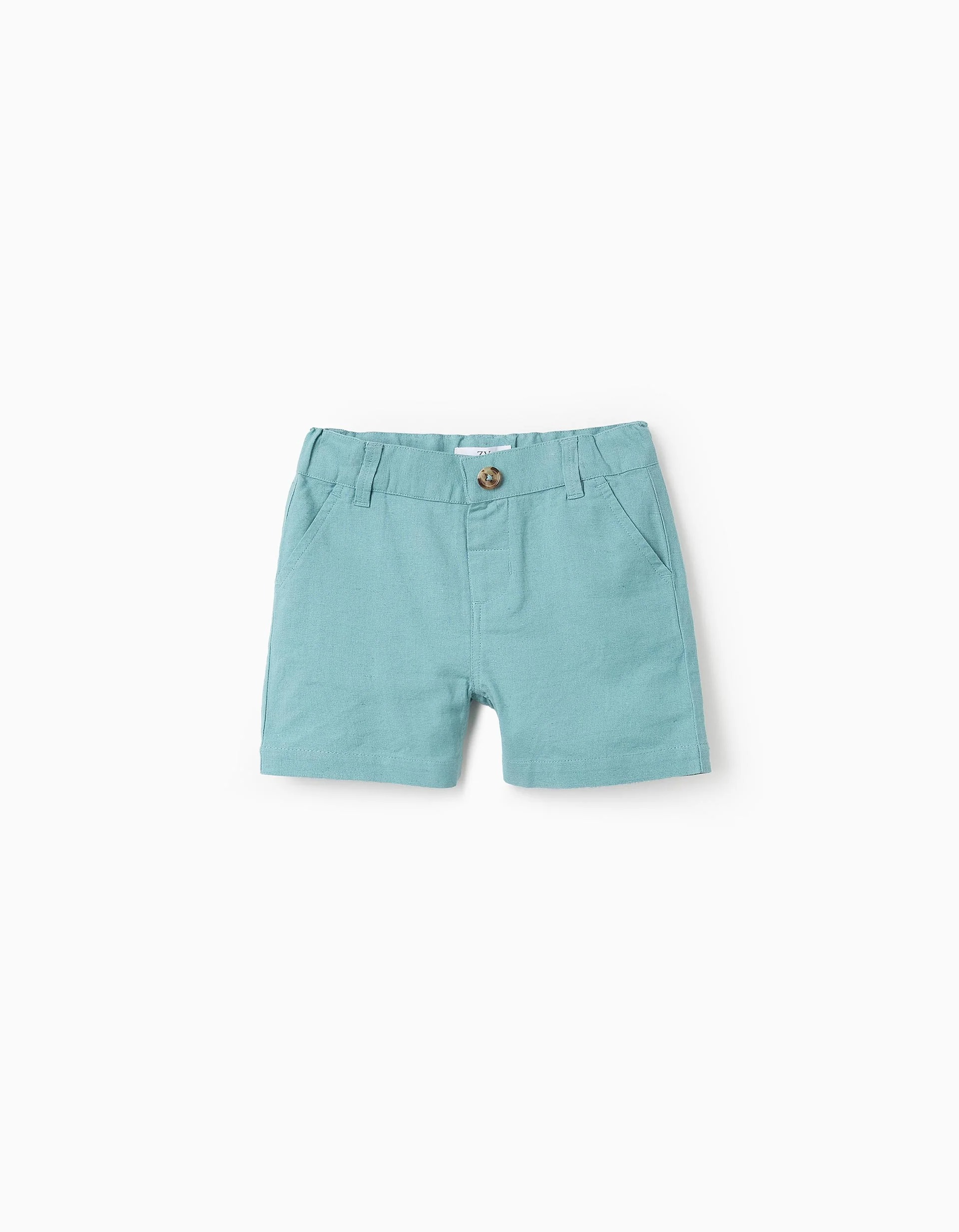 2905202568382ced9a46f.jpeg Short chino en coton et lin bébé garçon, turquoise – Image 1