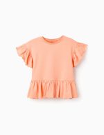T-shirt en coton à volants fille, corail
