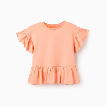 T-shirt en coton à volants fille, corail
