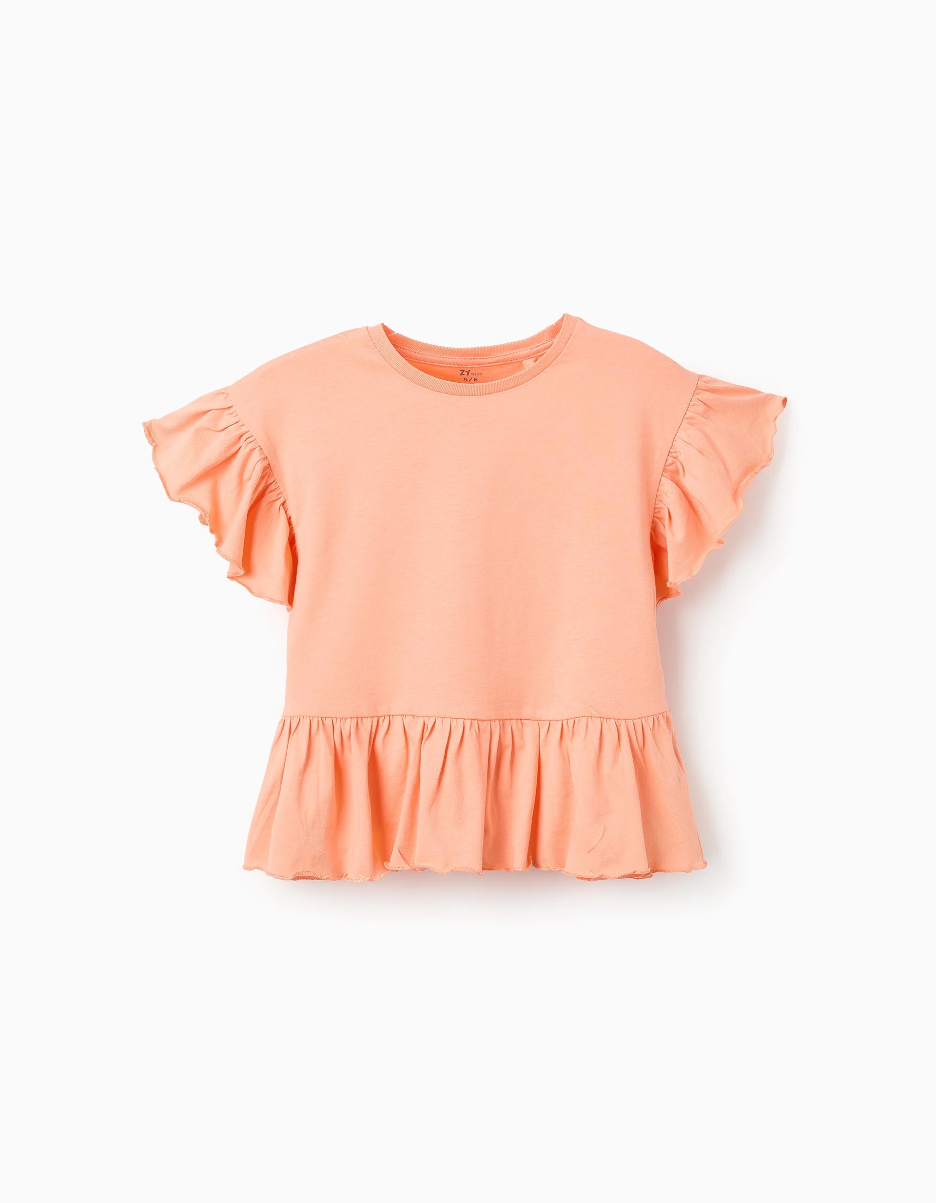 2905202568383195bb491.jpeg T-shirt en coton à volants fille, corail – Image 1