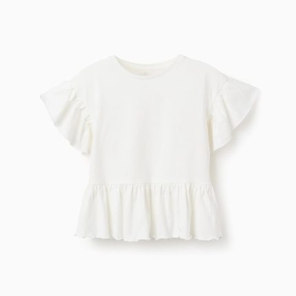 T-shirt en coton à volants fille, blanc