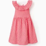 Robe texturée rayée à volants pour fille, rouge/blanc