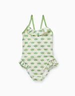 Maillot de bain à motif et volants fille, beige/vert