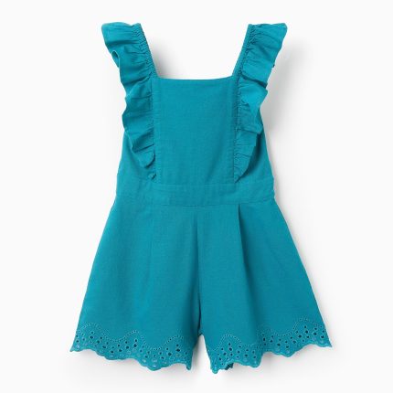 Combinaison en coton et lin avec broderie anglaise pour fille « B&S », turquoise