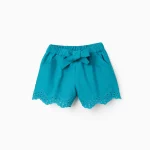 Short en coton et lin avec broderie anglaise pour fille, turquoise