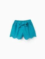 Short en coton et lin avec broderie anglaise pour fille, turquoise
