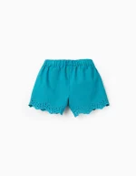 Short en coton et lin avec broderie anglaise pour fille, turquoise – Image 2