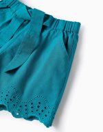 Short en coton et lin avec broderie anglaise pour fille, turquoise – Image 4