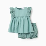 Ensemble haut et short à volants et broderie anglaise pour bébé fille, vert aqua