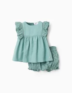 Ensemble haut et short à volants et broderie anglaise pour bébé fille, vert aqua