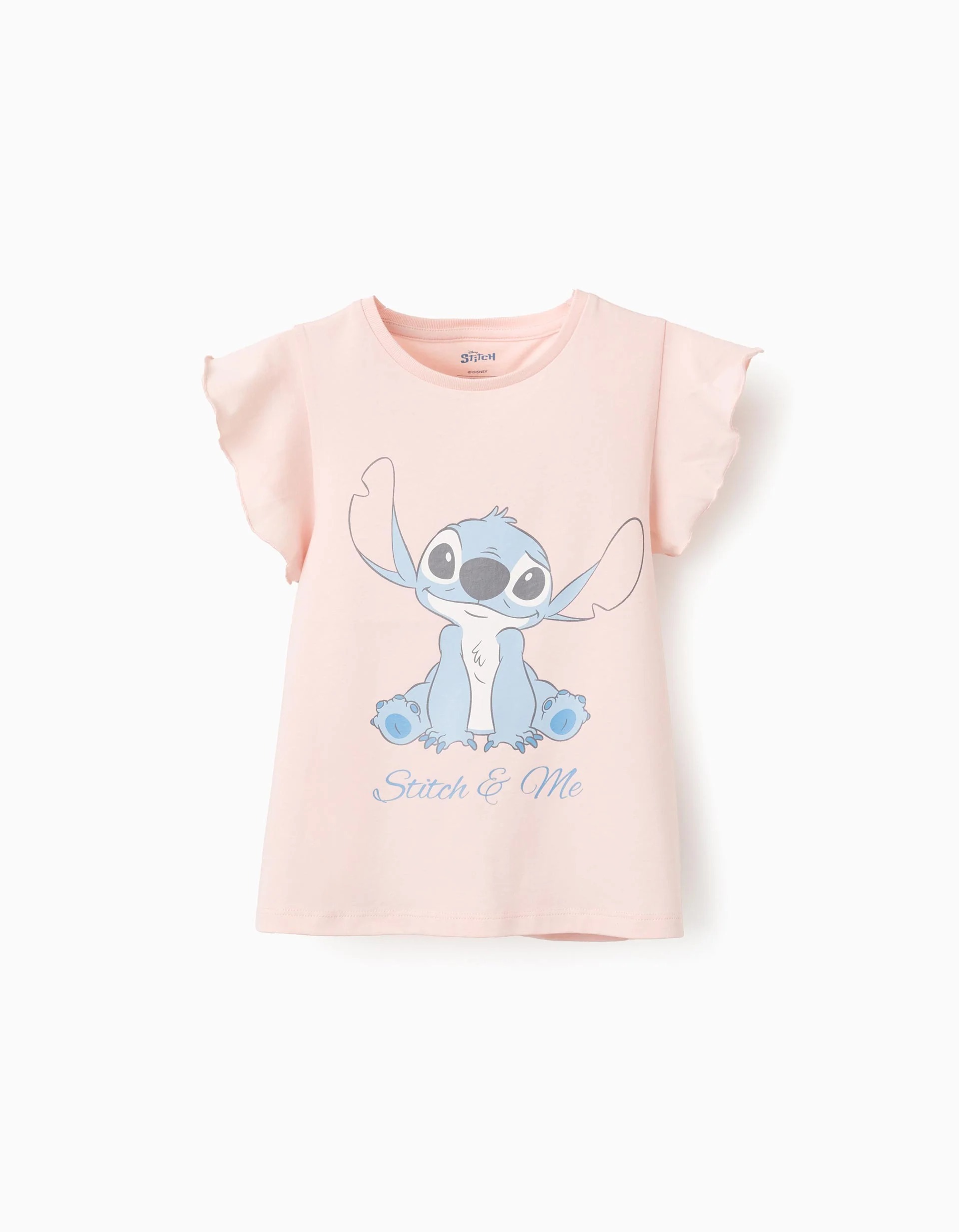1609202568c93416a2910.jpeg T-shirt en coton à volants pour fille « Stitch », rose clair – Image 1