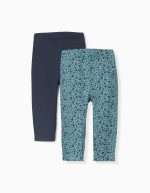 Lot de 2 leggings fleuris/lisses pour bébé fille, vert/bleu
