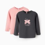 Lot de 2 t-shirts à manches longues pour bébé fille, rose/gris