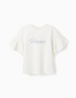 T-shirt en coton à manches volantées pour fille « Happy », blanc