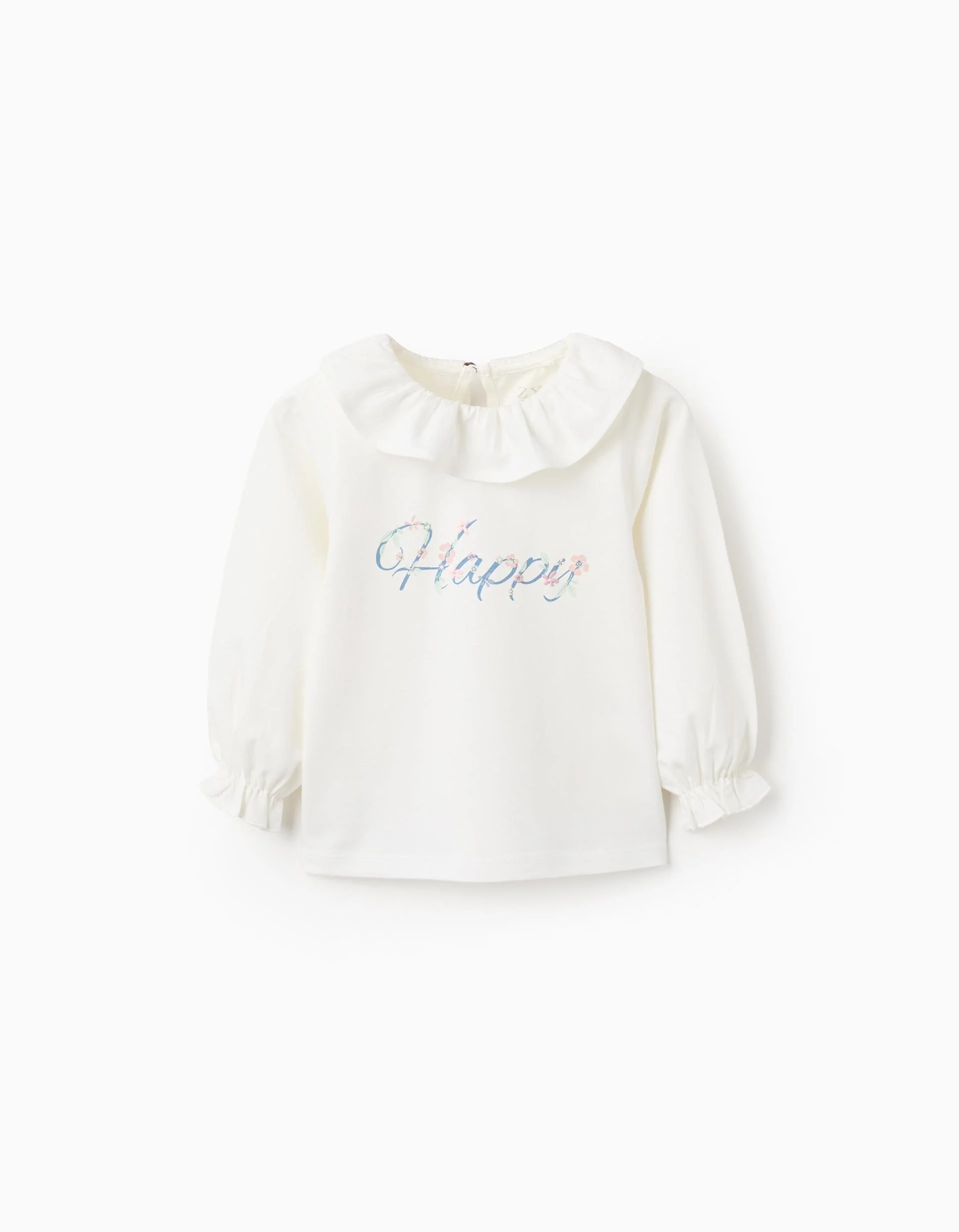 1609202568c935b6c03b0.jpeg T-shirt à volants et manches longues pour bébé fille « Happy », blanc – Image 1