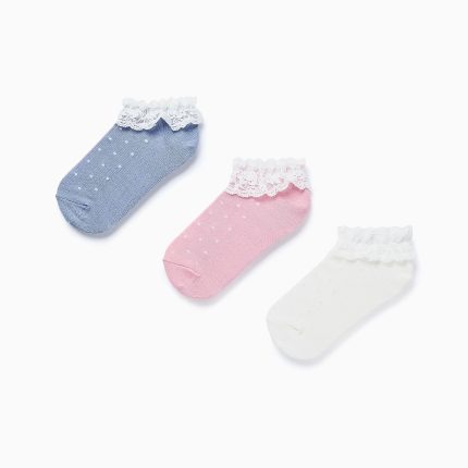 Lot de 3 paires de socquettes avec lurex et dentelle pour fille, multicolores