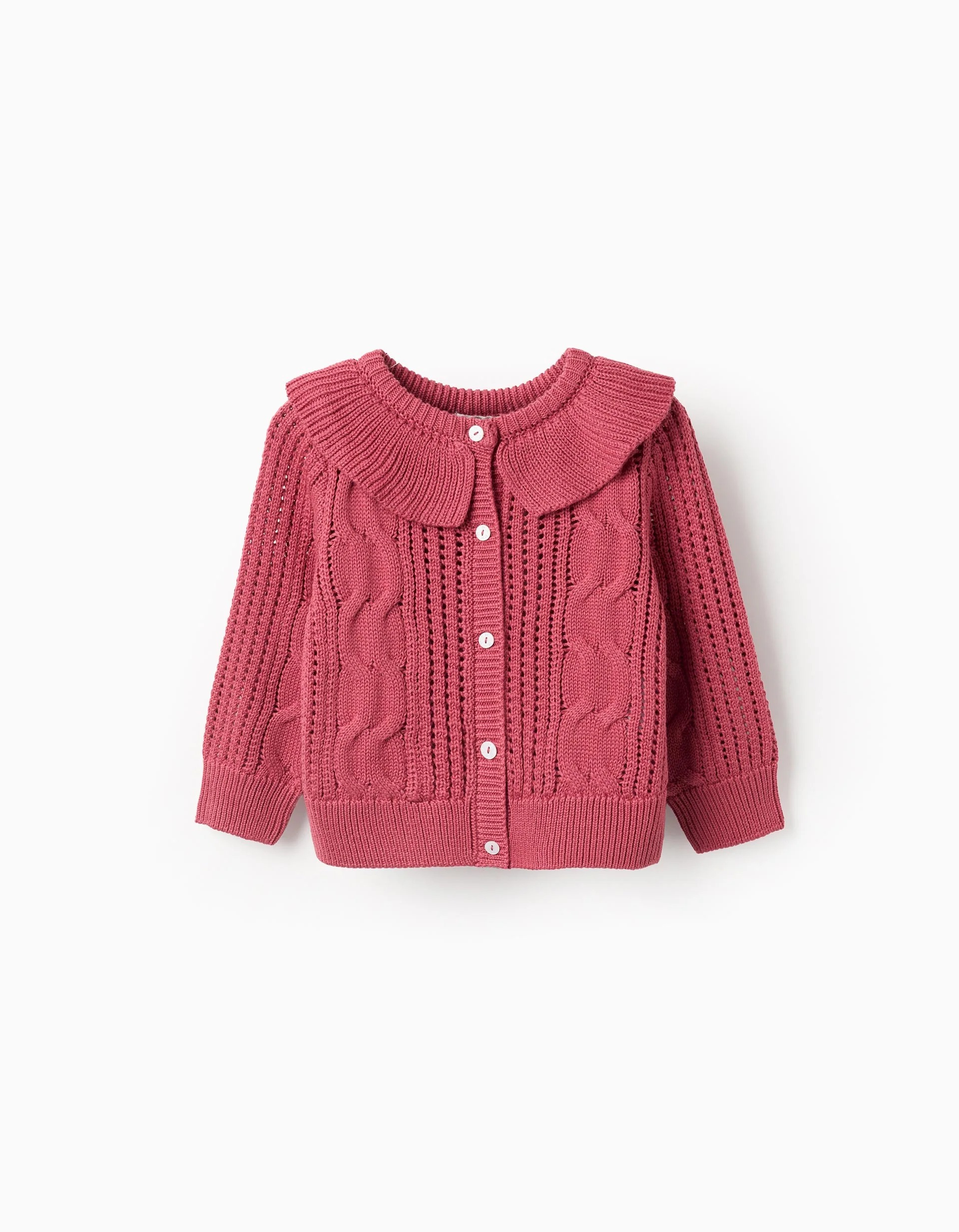 1609202568c9362b07fd9.jpeg Cardigan en maille dentelle à volants et effets pour bébé fille, rose – Image 1