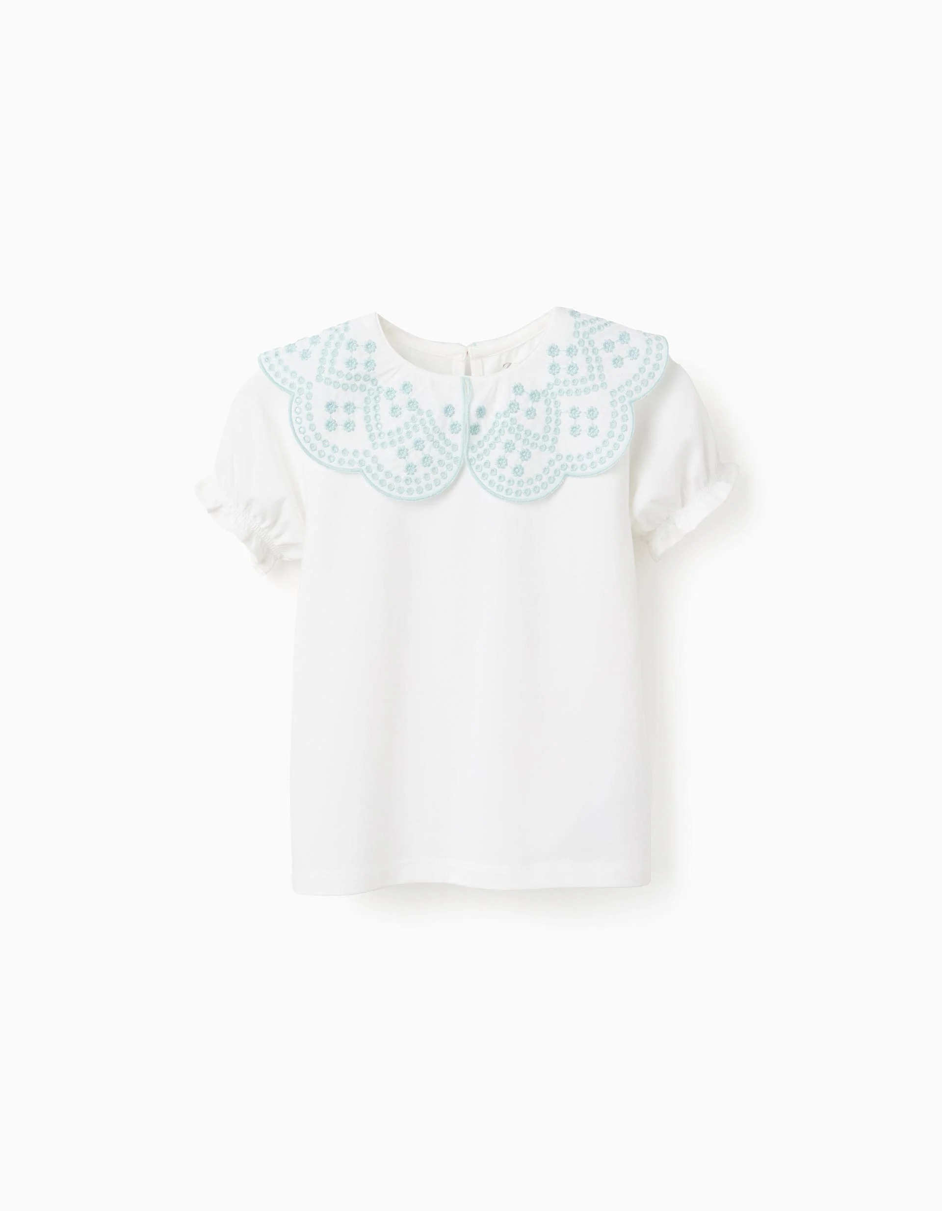 1609202568c9367e6e691.jpeg T-shirt avec col brodé anglais pour fille, blanc/vert aqua – Image 1