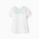 T-shirt à col broderie anglaise pour bébé fille, blanc/vert