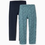 Lot de 2 leggings fleuris/lisses pour fille, bleu/turquoise