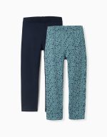 Lot de 2 leggings fleuris/lisses pour fille, bleu/turquoise