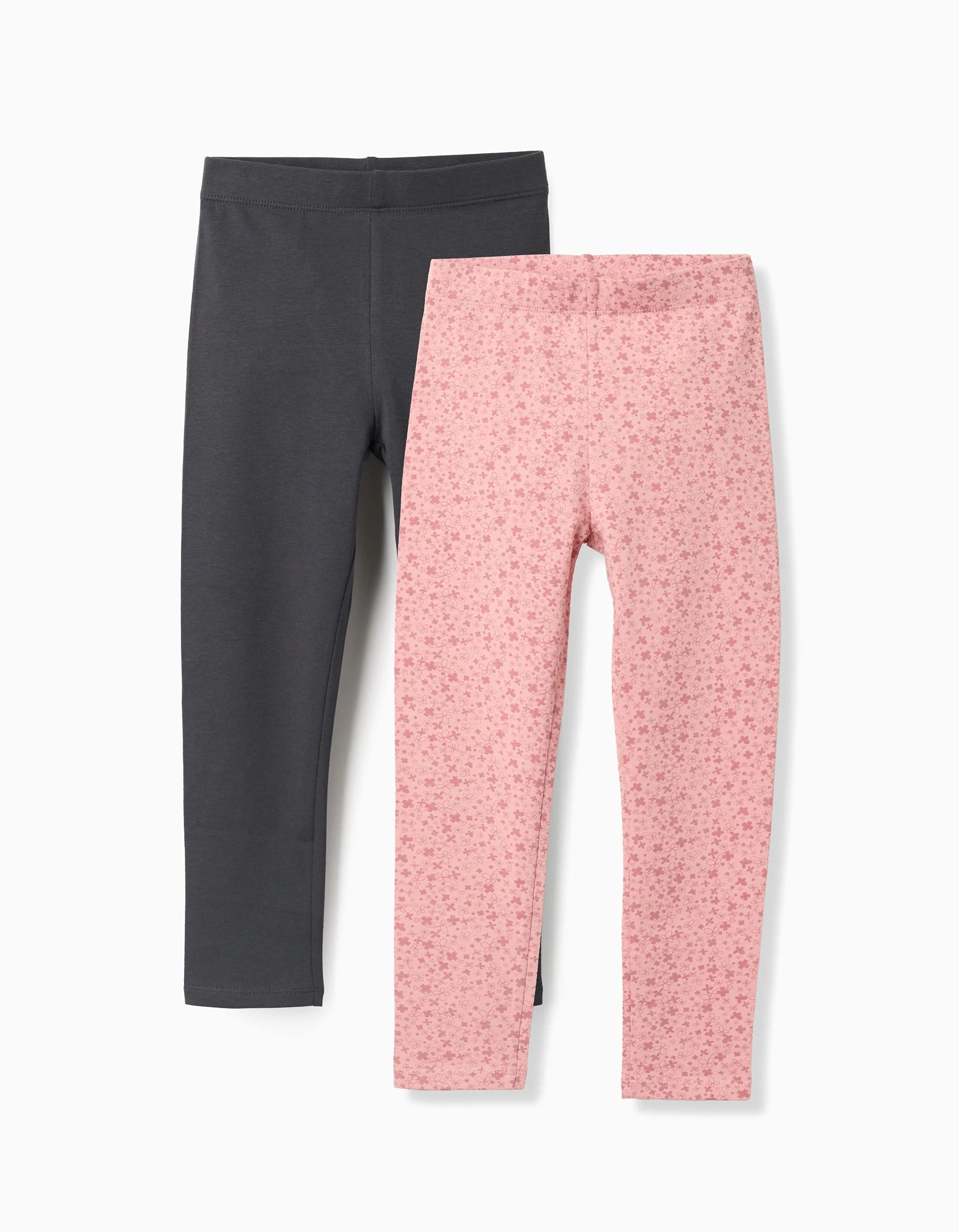 1609202568c9376d1673c.jpeg Lot de 2 leggings fleuris/lisses pour fille, rose/gris – Image 1