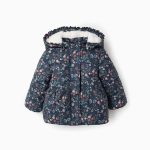Doudoune à capuche rembourrée à motif floral avec capuche amovible pour bébé fille, bleu foncé