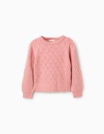 Pull ajouré à épaules tombantes pour filles, rose