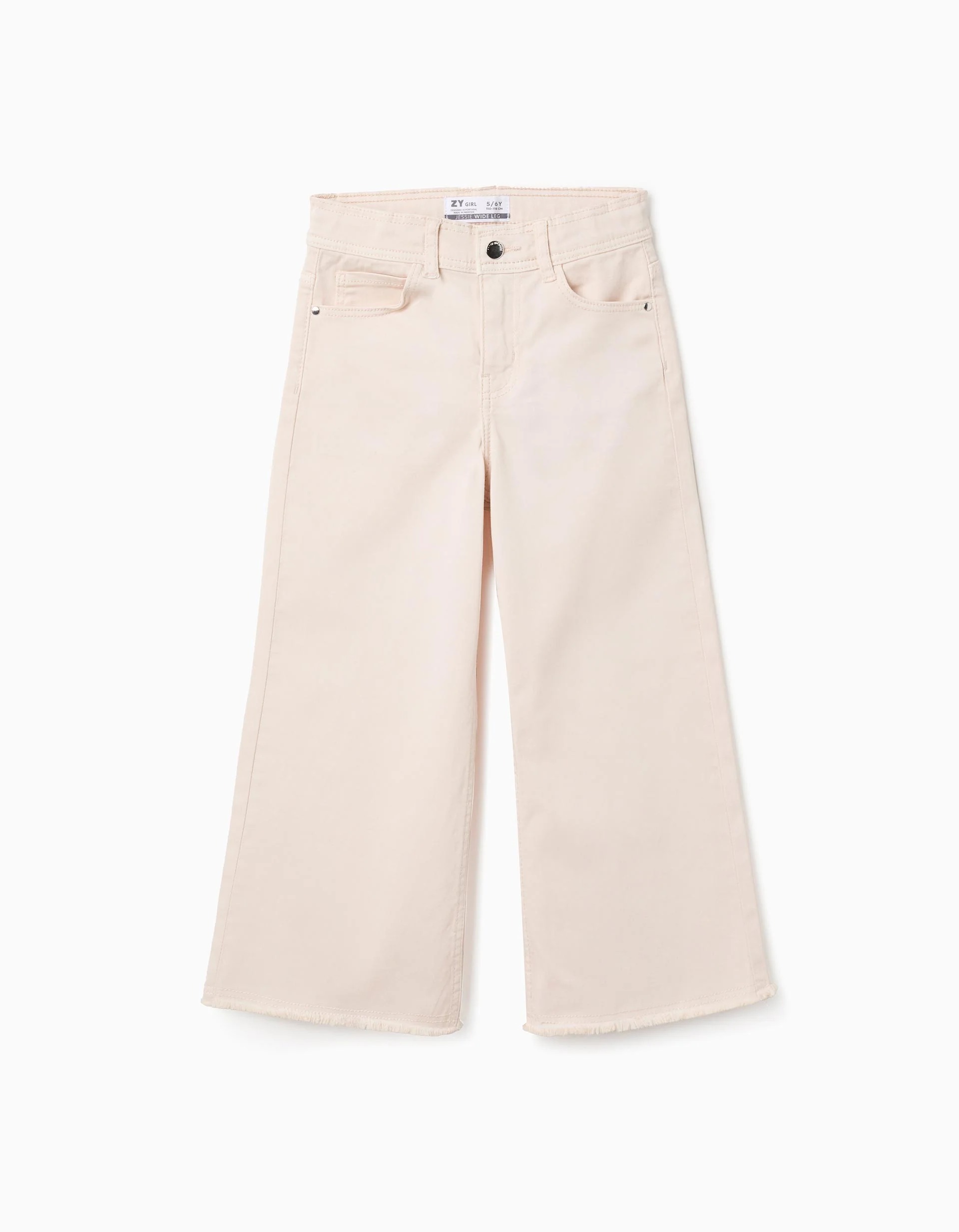 171220256942d34decd2a.jpeg Pantalon en sergé à jambes larges et ourlets effilochés pour filles, beige – Image 1