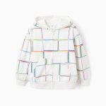 Cotton Hooded Jacket with Colourful Motif for Girls, White