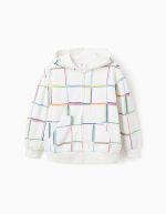 Cotton Hooded Jacket with Colourful Motif for Girls, White