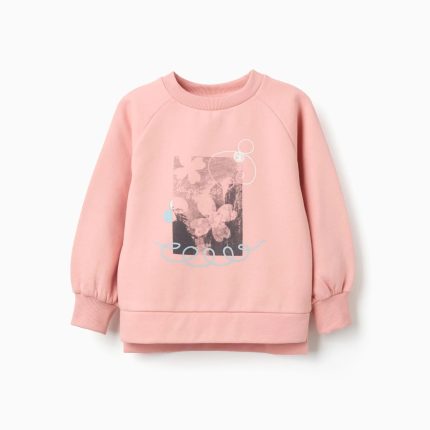 Sweat-shirt brossé avec imprimé sur le devant pour filles, orange saumon