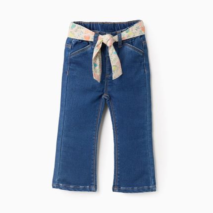 Jean à ceinture fleuri pour bébé fille, bleu