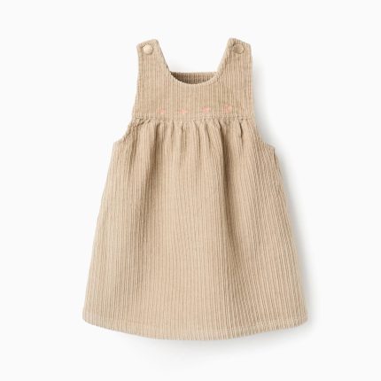 Robe tablier en velours côtelé brodé pour bébé fille, beige