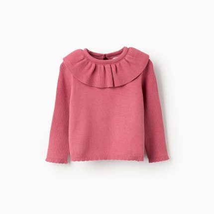 Gilet tricoté à col volanté pour nouveau-né, rose