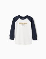 T-shirt à manches longues en coton pour garçon, blanc/bleu foncé
