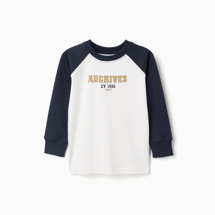 T-shirt à manches longues en coton pour garçon, blanc/bleu foncé