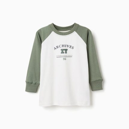 T-shirt à manches longues en coton pour garçon, blanc/vert