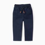 Pantalon en sergé bleu foncé avec taille élastiquée et cordon de serrage pour bébé garçon