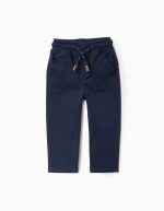 Pantalon en sergé bleu foncé avec taille élastiquée et cordon de serrage pour bébé garçon