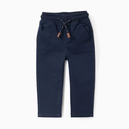 Pantalon en sergé bleu foncé avec taille élastiquée et cordon de serrage pour bébé garçon