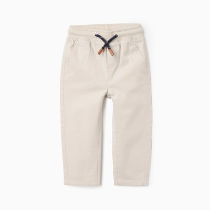 Pantalon en sergé beige à taille élastiquée et cordon de serrage pour bébé garçon