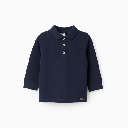 Polo en coton à manches longues pour bébé garçon, bleu foncé